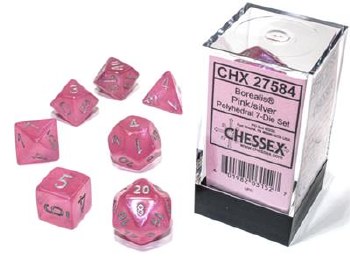 7-set Cube Borealis Pink Dice with Silver Numbers