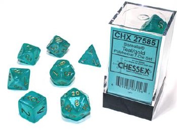 7-set Cube Borealis Teal Dice with Gold Numbers
