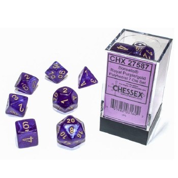 7-set Cube Borealis Luminary Royal Purple Dice with Gold Numbers