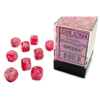 d6 Cube 12mm Ghostly Glow Pink with Silver Dice (36)