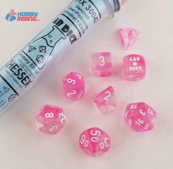 7-set Tube Gemini Clear-Pink Lab Dice with White numbers