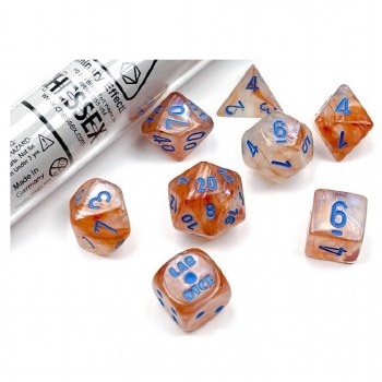 7-set Tube Borealis Rose Gold Lab Dice with Light Blue Numbers