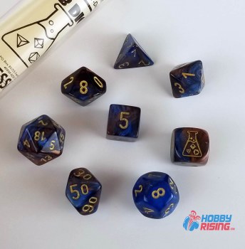 7-set Tube Lustrous Azurite Lab Dice with Gold Numbers