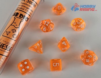 7-set Tube Translucent Neon Orange Lab Dice with White Numbers
