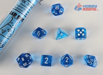 7-set Tube Translucent Tropical Blue Lab Dice with White Numbers