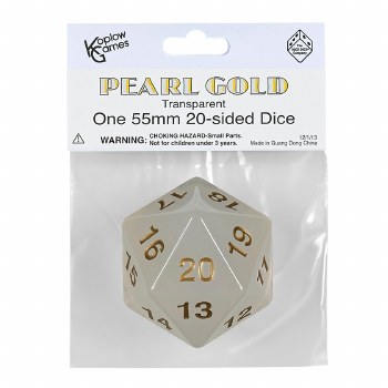 d20 55mm Single Transparent Pearl Countdown Die with Gold Numbers