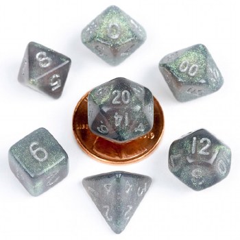 7-set Mini: 10 mm: Stardust Green with Silver Dice