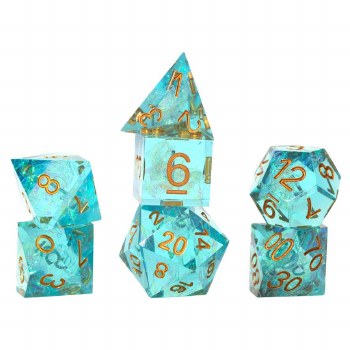 7-set Sharp-edgeded Aqua Fairy Dice with Gold Numbers