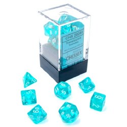 7-Set Mini Teal Translucent Dice with White Numbers