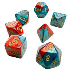 7-Set Mini Gemini Red-Teal Dice with Gold Numbers