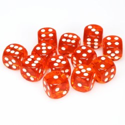 d6 Cube 16mm Translucent Orange with White Numbers Dice (12)