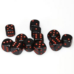 d6 Cube 16mm Opaque Black Dice with Red Numbers (12)