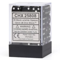 d6 Cube 12mm Opaque Black Dice with White Numbers (36)