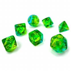 7-set Cube Gemini Translucent Green/Teal Dice with Yellow Numbers