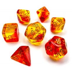 7-set Cube Gemini Translucent Red/Yellow Dice with Gold Numbers