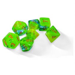 7-set Cube Gemini Plasma Luminary Green/Teal Dice with Orange Numbers