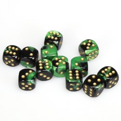 d6 Cube 16mm Gemini Black and Green with Gold Dice (12)