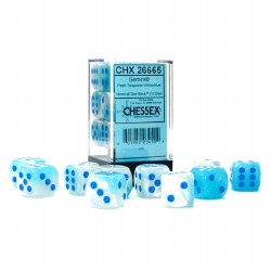 d6 Cube 16mm Gemini Luminary Gpearl Turquoise-White with Blue Dice (12)