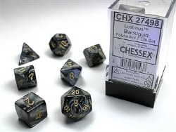 7-set Lustrous Black Dice with Gold Numbers