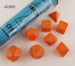 7-set Tube Orange Lab Dice with Tourquoise numbers