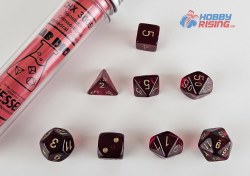 7-set Tube Translucent Crimson Lab Dice with Gold Numbers