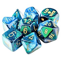 7-set Tube Gemini Green-Teal Dice with Gold Numbers