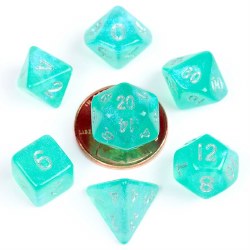 7-set Mini: 10 mm: Stardust Turquiose with Silver Dice