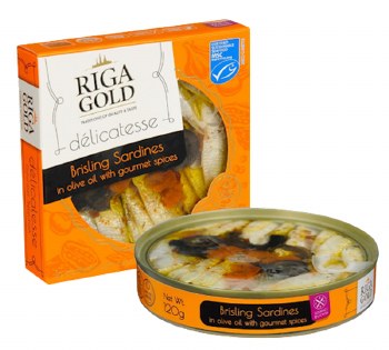 Riga Gold Brisling Sardines in Olive Oil with Olives &amp; Gourmet Spices 120g