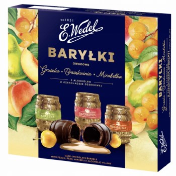 E. Wedel Happy Barrels Dark Chocolates with Peach, Pear, and Mirabelle Filling 200g