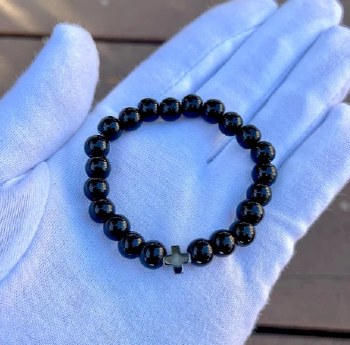 Flexible Black Stone Cross Beaded Bracelet