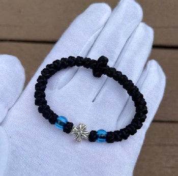 Handmade Orthodox Black Prayer Rope with Blue Beads 33 Knot