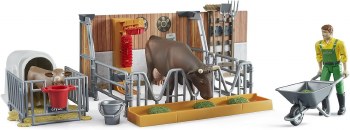 BRUDER BWORLD COW &amp; CALF BARN W/FARMER