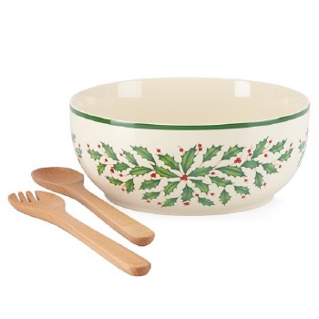 LENOX HOLIDAY SALAD BOWL W/WOODEN SERVER