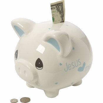 P/M JESUS LOVES ME PIGGY BANK BLUE