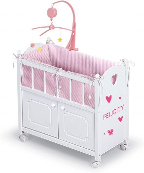 WOOD DOLL CRIB W/CABINET &amp; BEDDING