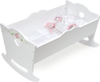 WOODEN DOLL CRADLE WHITE ROSE