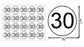 Round Size Sticker Label, Sz 3/4, Number 30 (1,000pcs/1 Roll)