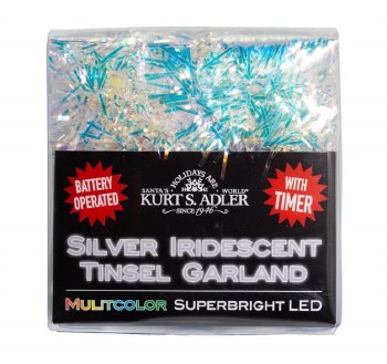 20-Light Battery-Operated Multicolored Superbright LED Silver Iridescent Tinsel Garland Lights