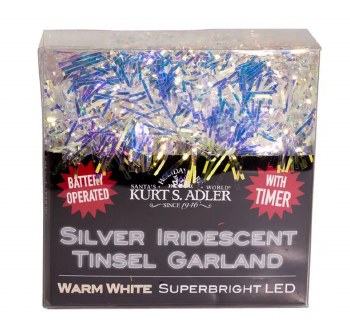 20-Light Battery-Operated Warm White Superbright LED Silver Iridescent Tinsel Garland Lights