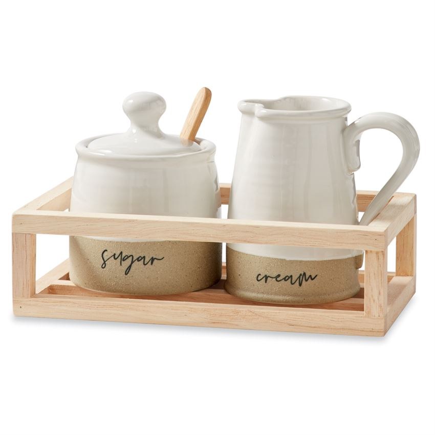 Porcelain Sugar And Creamer Jar With Tray And Lid Set, Cream