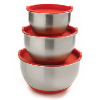 Stainless Steel Bowls with Red Lids Set of 3