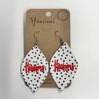 Dangle Leaf Earring White Black Dot Huskers