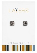 Silver Square Druzy Black Stud Layers Earrings - 1 Pair