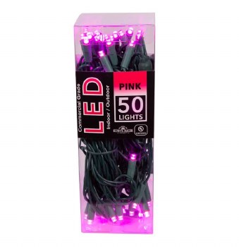 25.5' UL 50-Light 5MM Pink LED Green Wire Lights