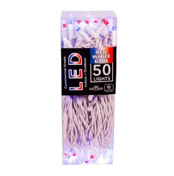 25.5' UL 50-Light 5MM Red White Blue LED White Wire Lights
