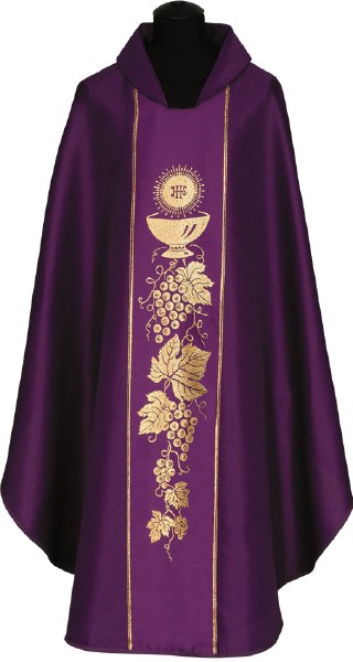 Purple Chasuble,  Gold cup and grapes Symbols