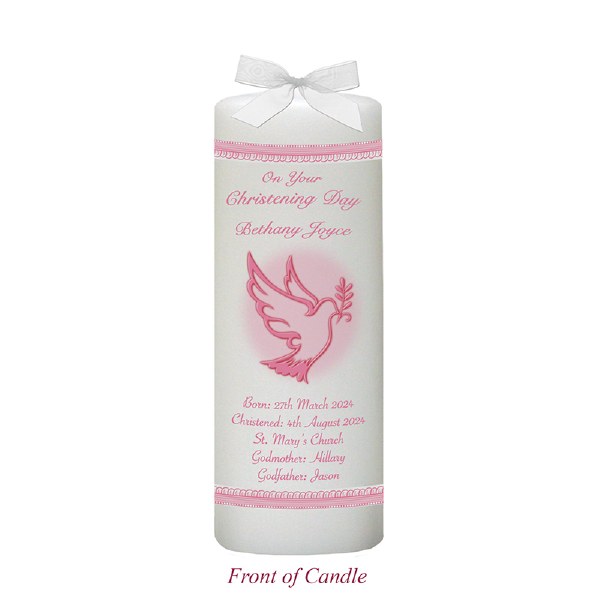 Flying Dove and Lace Pink Christening Candle
