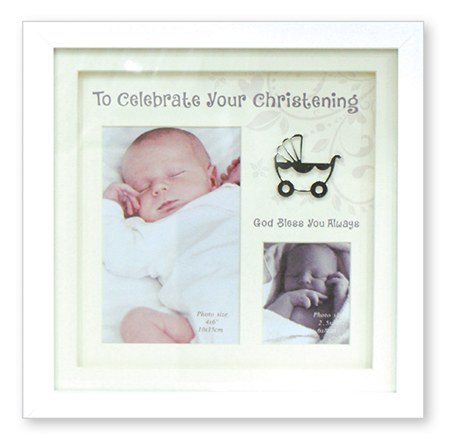 Christening White Box Frame holds two photos