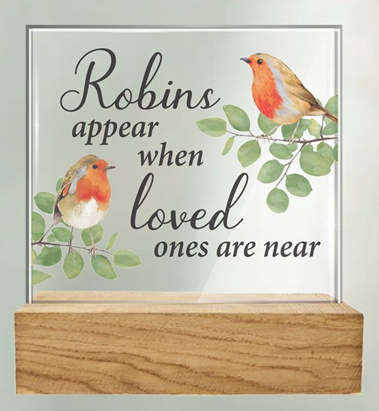 Robins Appear Glass Plaque Wooden Base