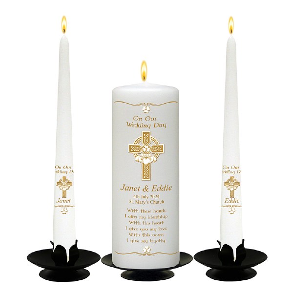 Claddagh Cross and Shamrock Gold Wedding Candle Set